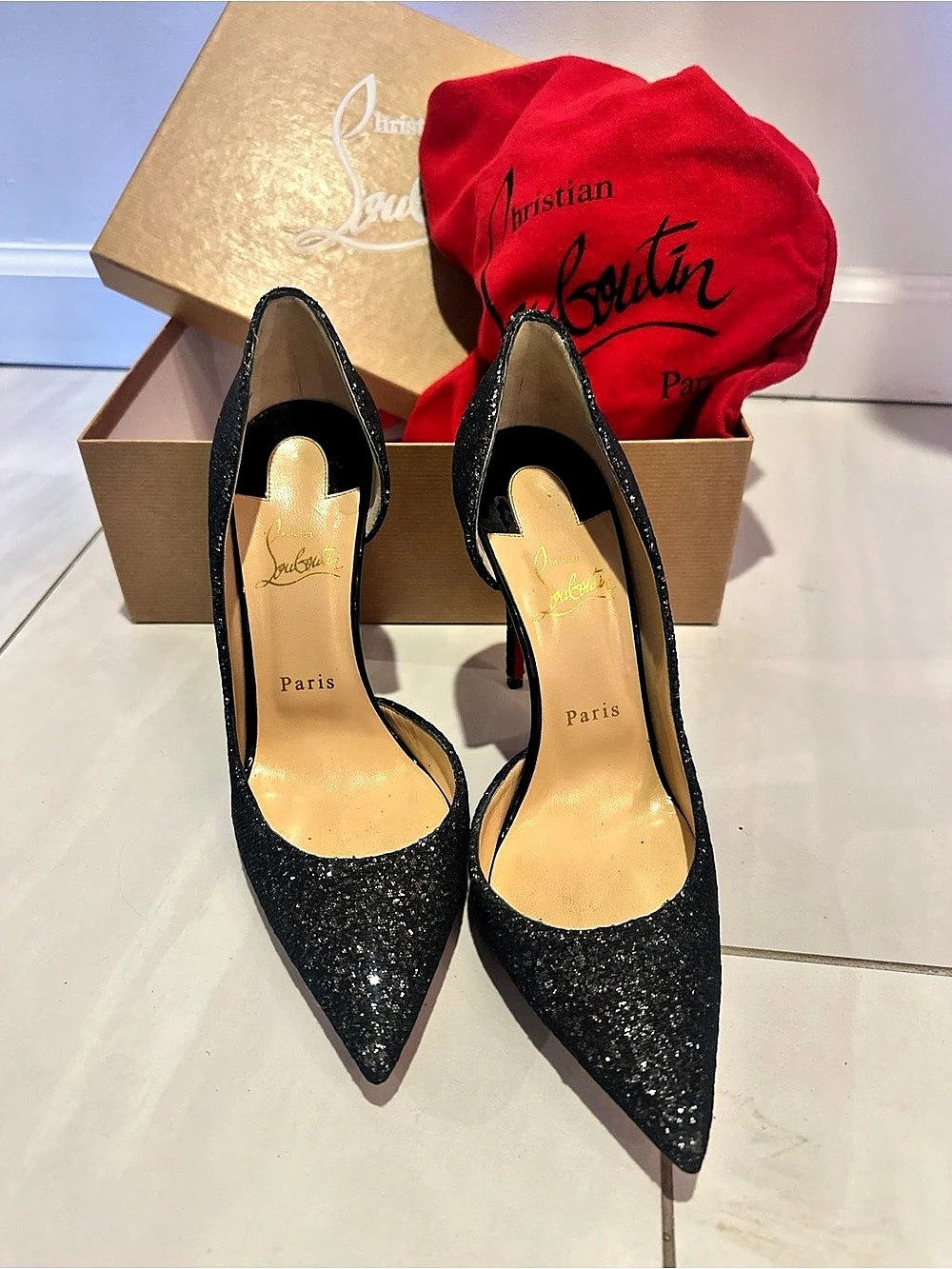 Christian Louboutin Iriza 100 Glitter Resille Black Pumps EU 38.5